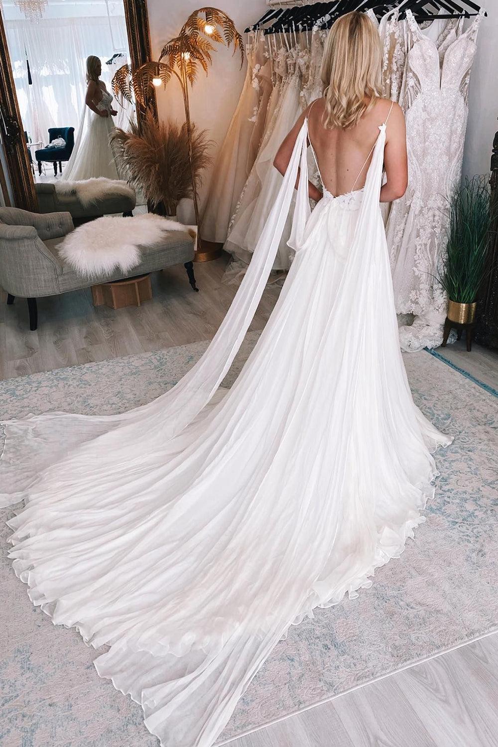 Graceful Ivory A-Line Watteau Train Boho Long Chiffon Wedding Dress with Lace