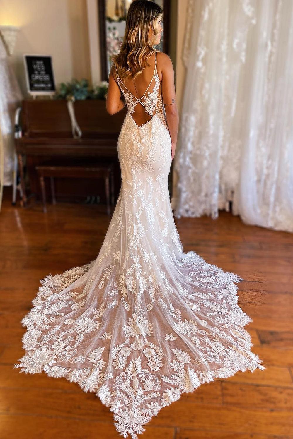 Graceful Ivory Mermaid Open Back Long Lace Beach Wedding Dress