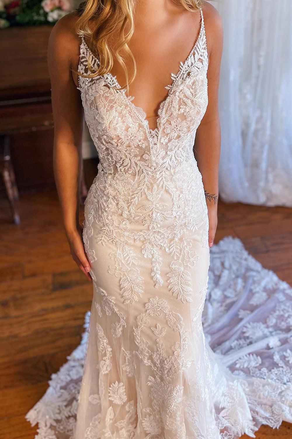 Graceful Ivory Mermaid Open Back Long Lace Beach Wedding Dress