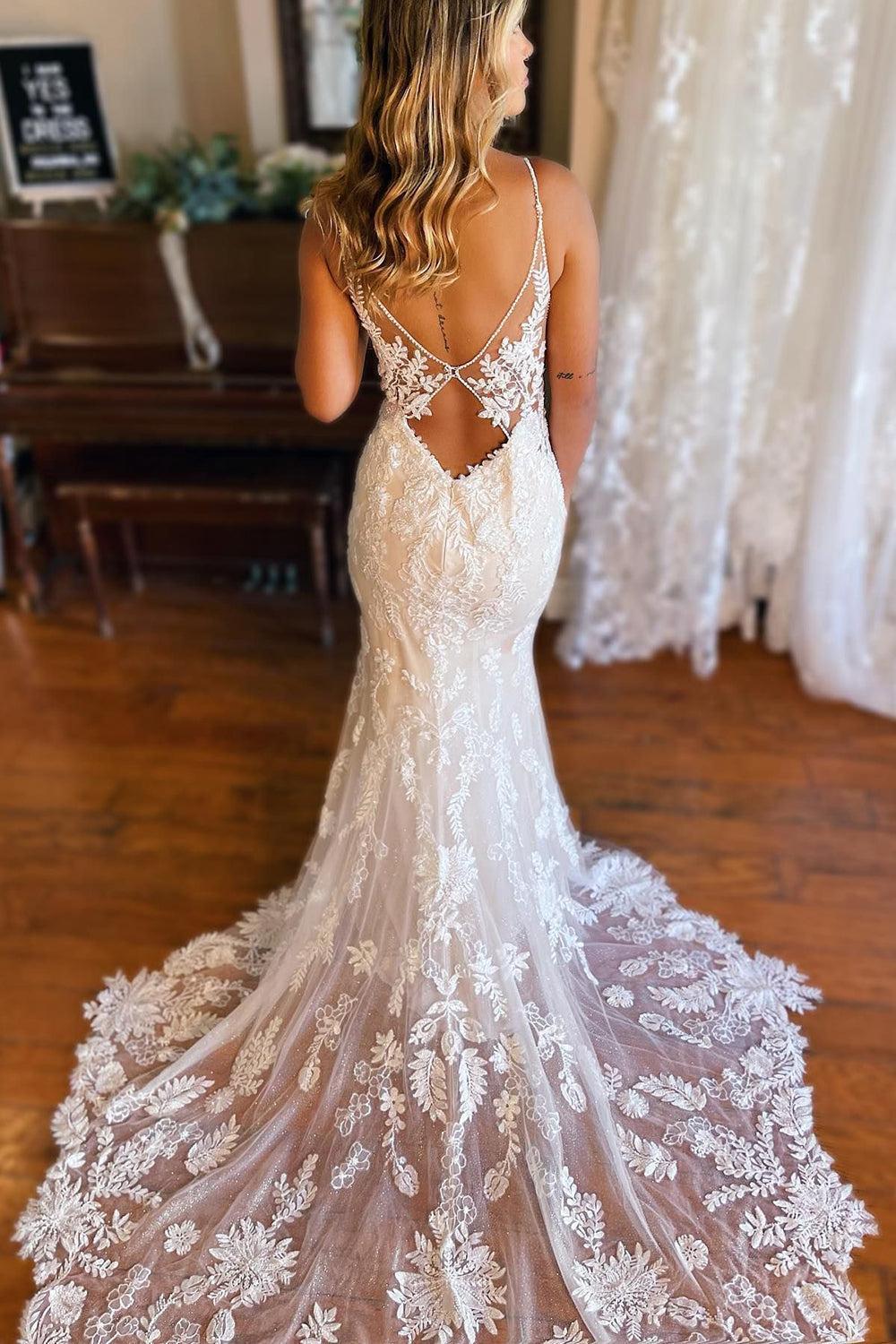 Graceful Ivory Mermaid Open Back Long Lace Beach Wedding Dress