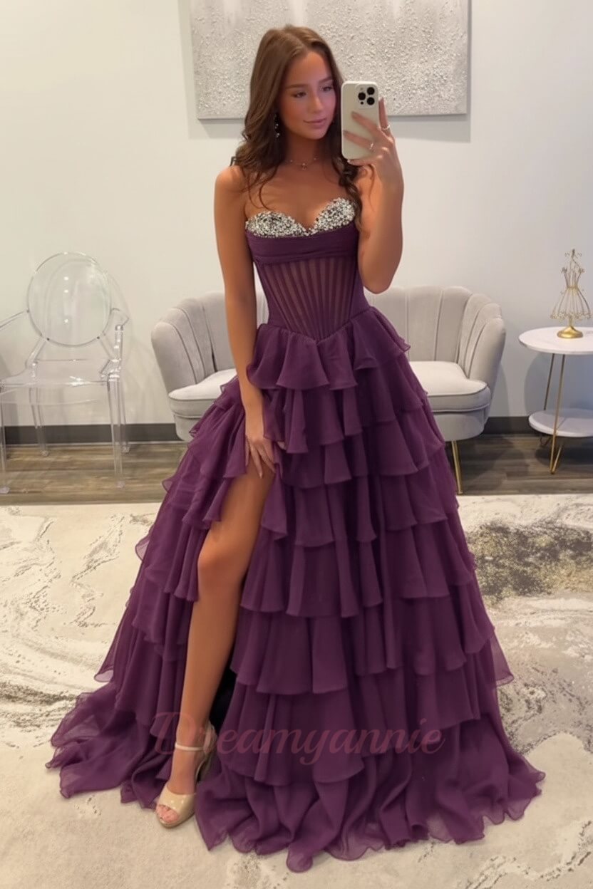 Dreamyannie Ruffled Black Prom Dress A Line Corset Long Formal Dress With Beadings