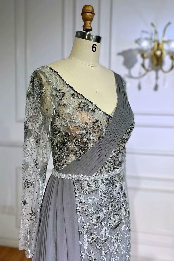 Gray Mermaid Prom Dress Long Sleeve V Neck Evening Dress With 3D Flowers