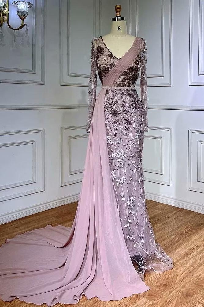 Gray Mermaid Prom Dress Long Sleeve V Neck Evening Dress With 3D Flowers