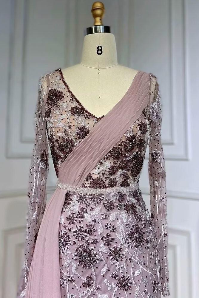 Gray Mermaid Prom Dress Long Sleeve V Neck Evening Dress With 3D Flowers