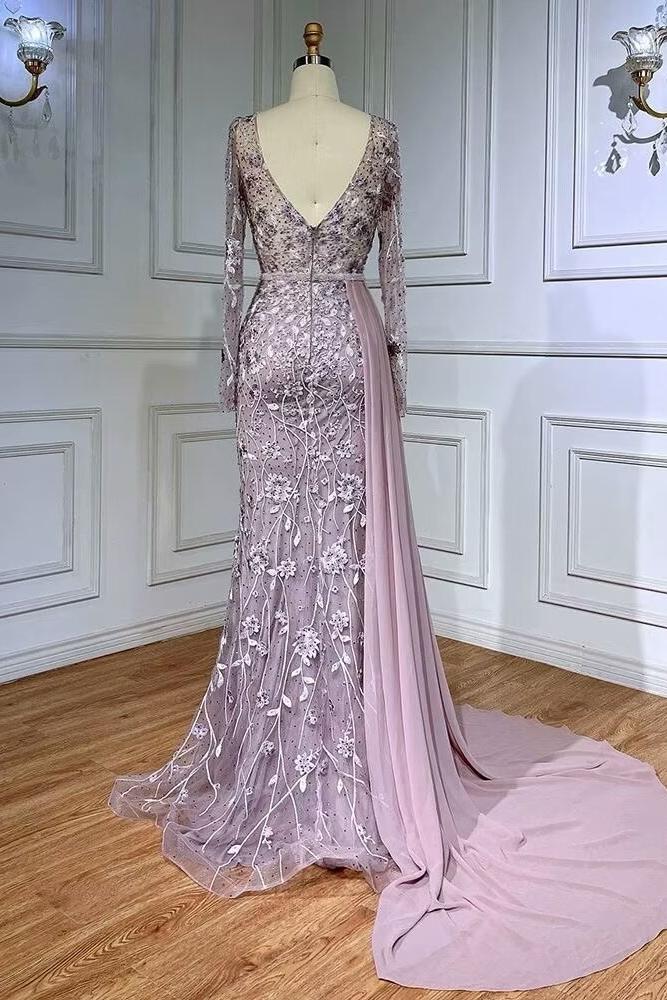Gray Mermaid Prom Dress Long Sleeve V Neck Evening Dress With 3D Flowers