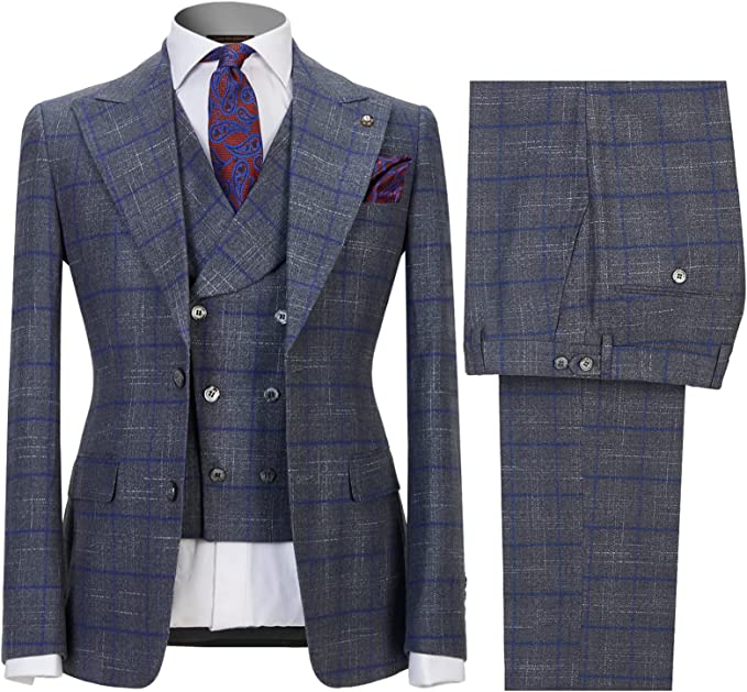 Gray Plaid Three Piece Peaked Lapel Business Suit for Men