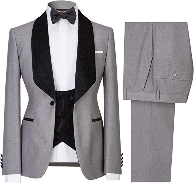 Gray Three Piece Shawl Lapel Wedding Suit for Men