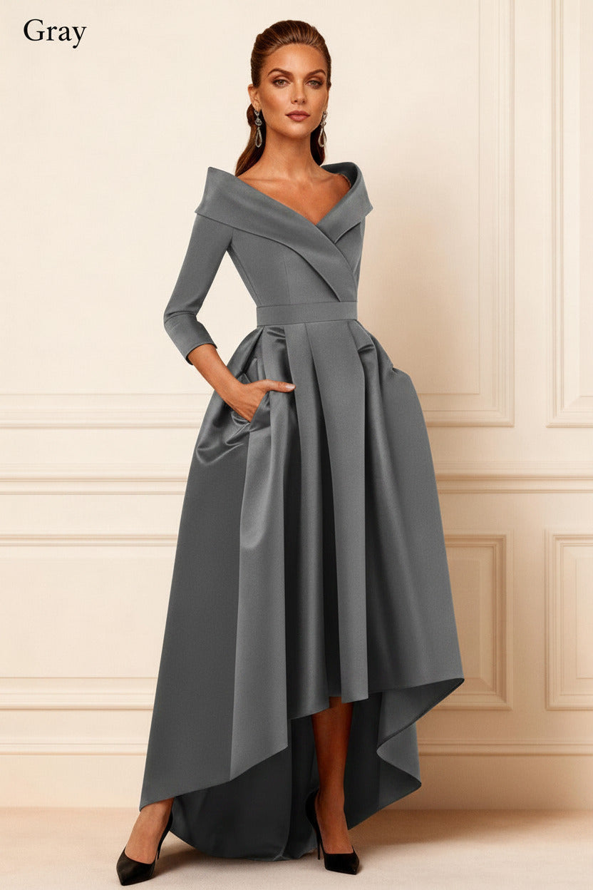 Dreamyannie Dark Navy V Neck Satin High Low Mother Of The Bride Dress With Pockets