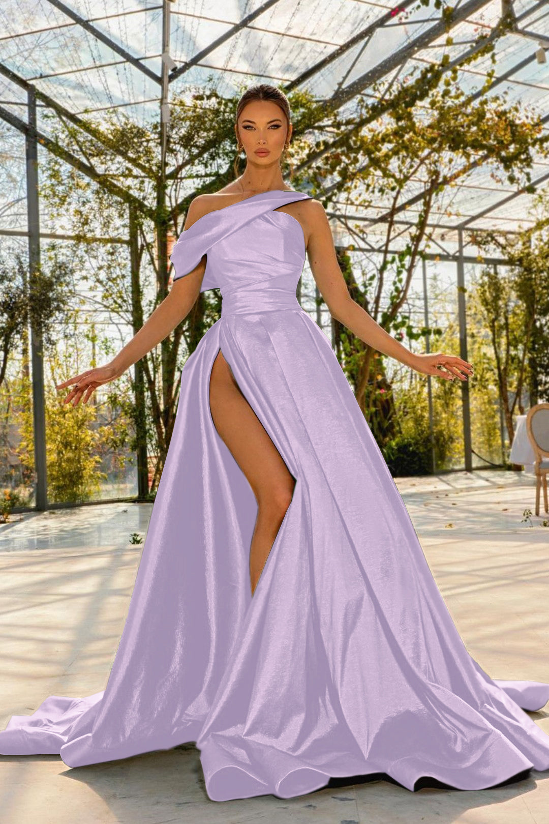 Green A Line Prom Dress Asymmetric Neck Satin Evening Dress