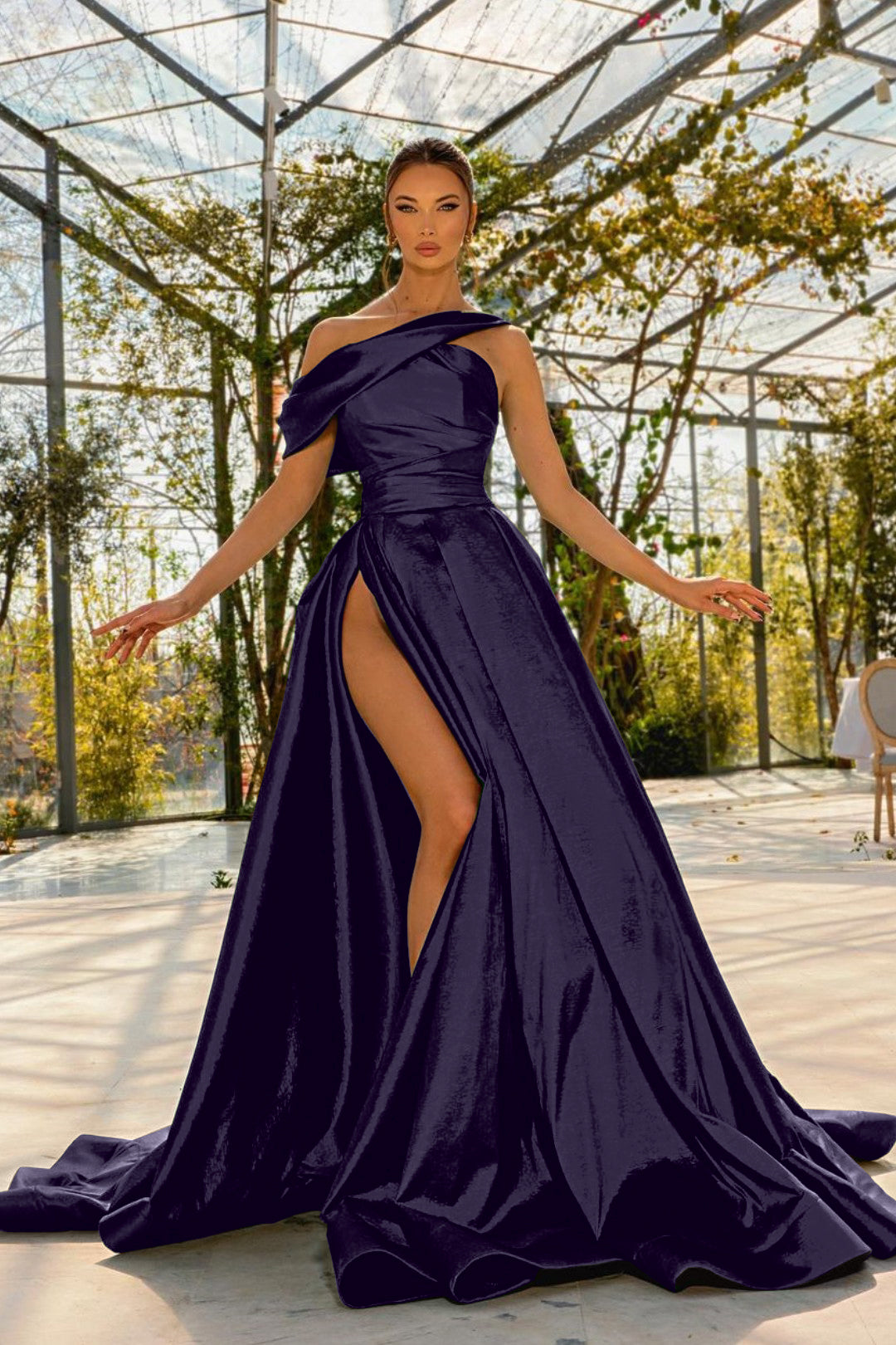 Green A Line Prom Dress Asymmetric Neck Satin Evening Dress