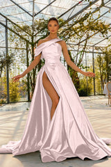 Green A Line Prom Dress Asymmetric Neck Satin Evening Dress