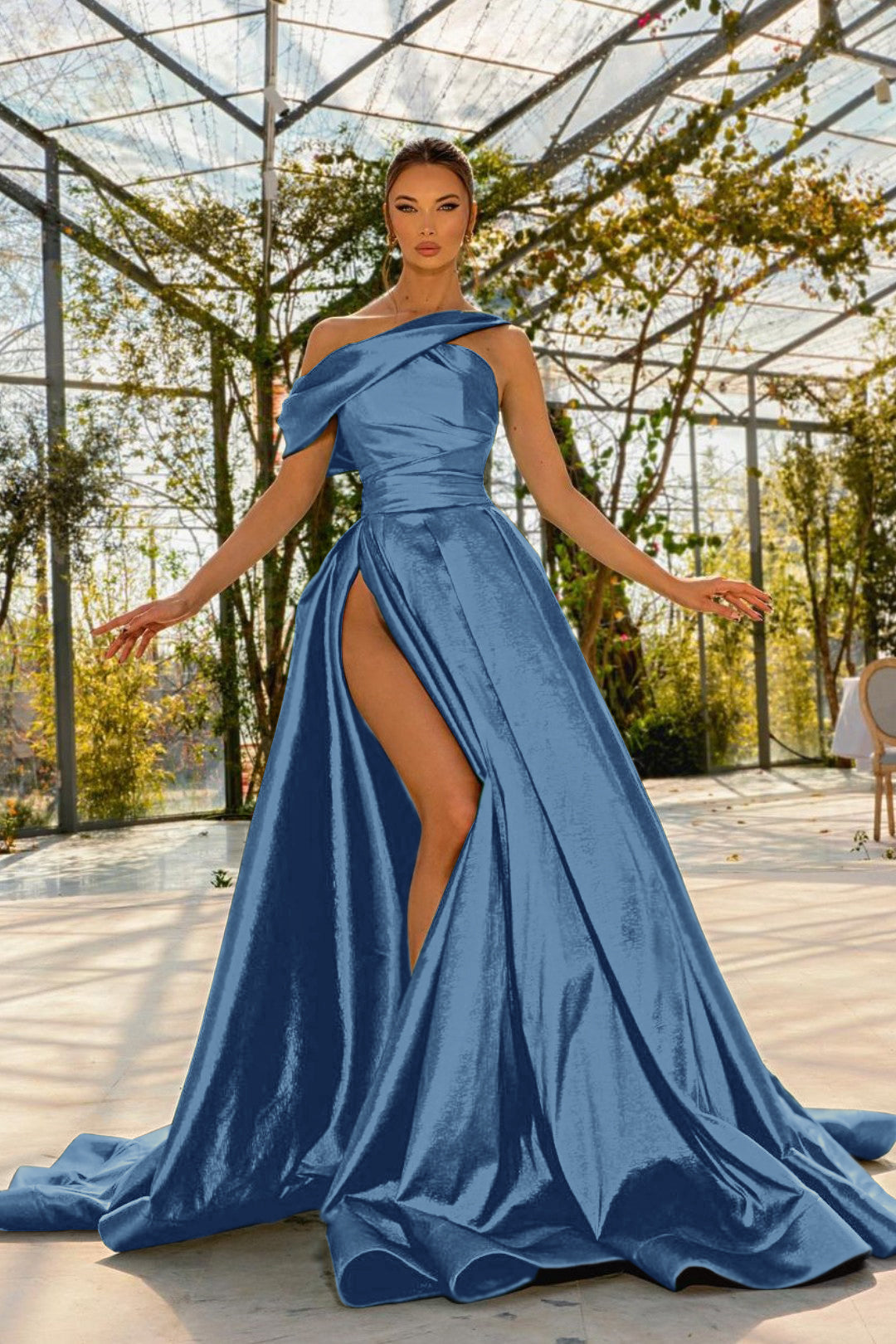 Green A Line Prom Dress Asymmetric Neck Satin Evening Dress