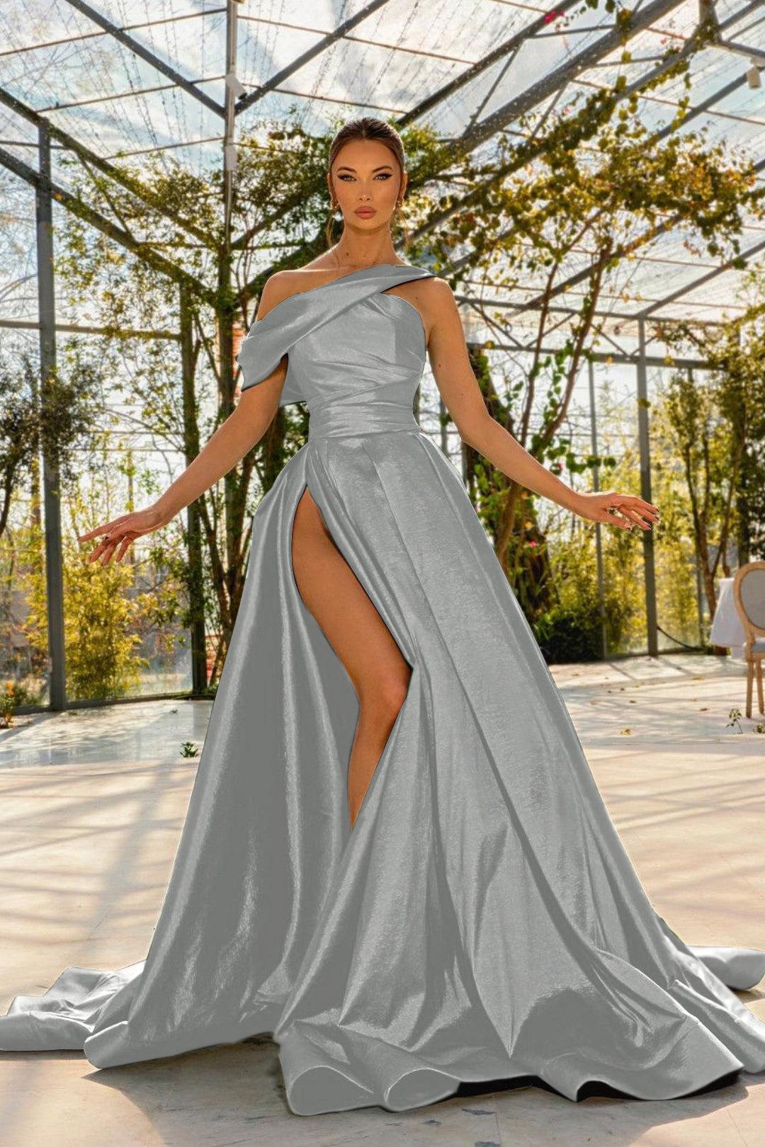 Green A Line Prom Dress Asymmetric Neck Satin Evening Dress