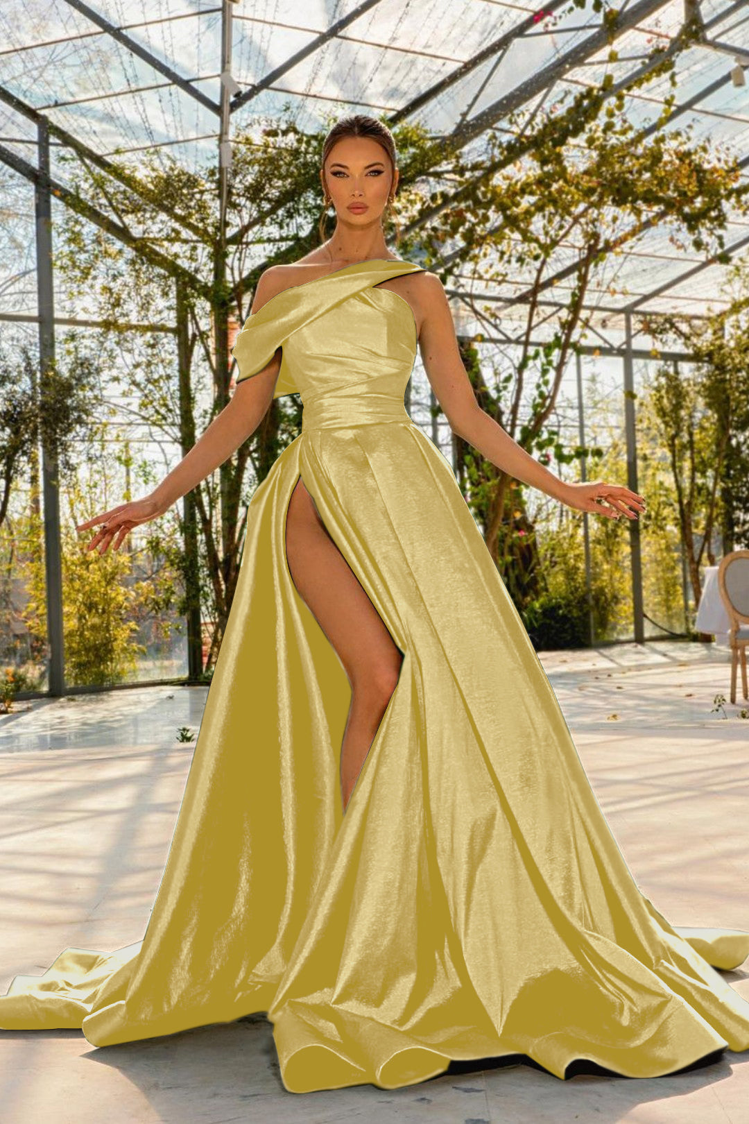 Green A Line Prom Dress Asymmetric Neck Satin Evening Dress