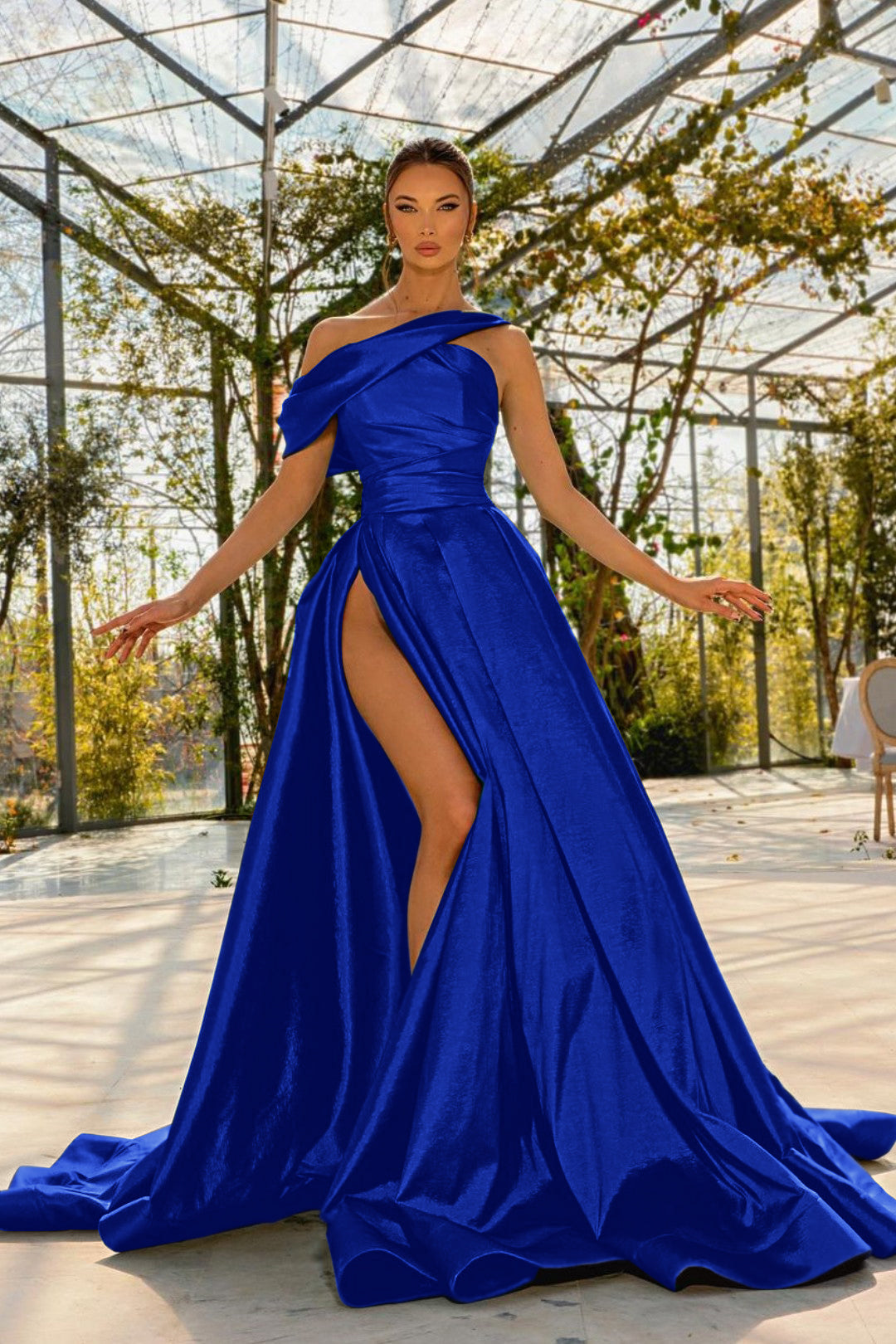 Green A Line Prom Dress Asymmetric Neck Satin Evening Dress