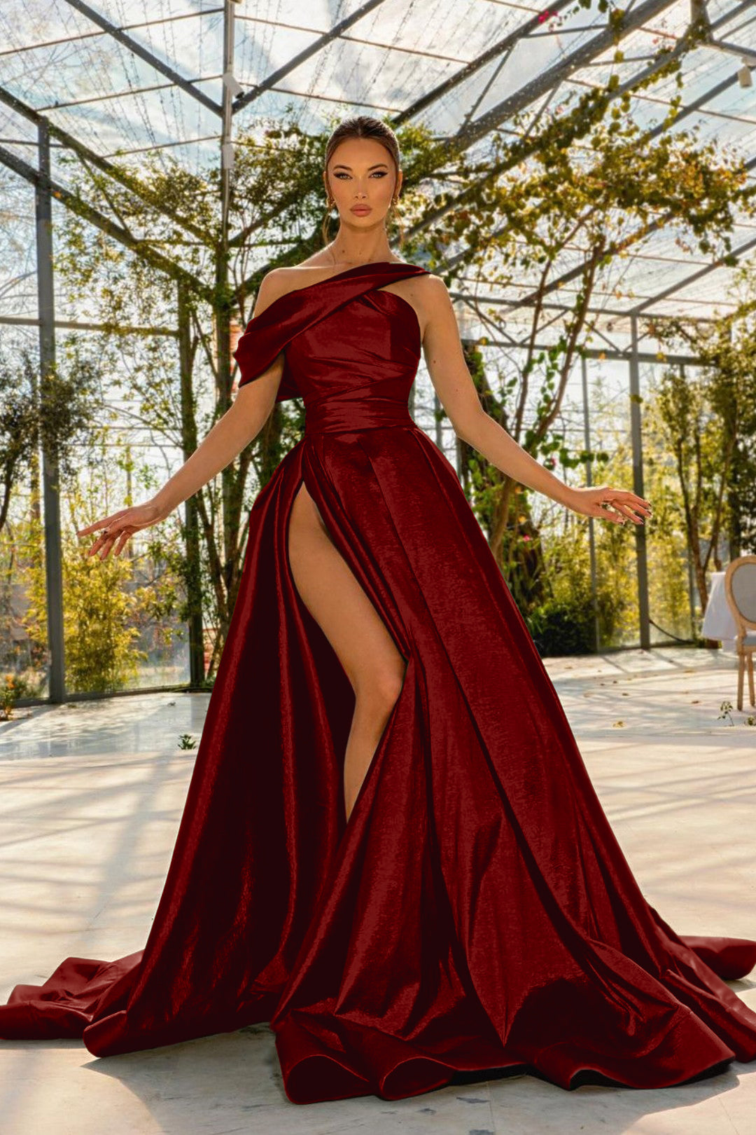 Green A Line Prom Dress Asymmetric Neck Satin Evening Dress