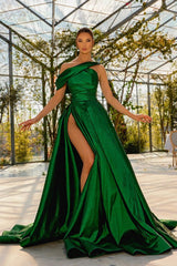 Green A Line Prom Dress Asymmetric Neck Satin Evening Dress