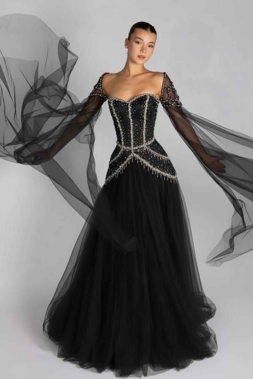 Green A Line Prom Dress Long Sleeve Sweetheart Beaded Evening Dress