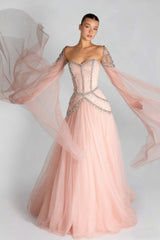 Green A Line Prom Dress Long Sleeve Sweetheart Beaded Evening Dress