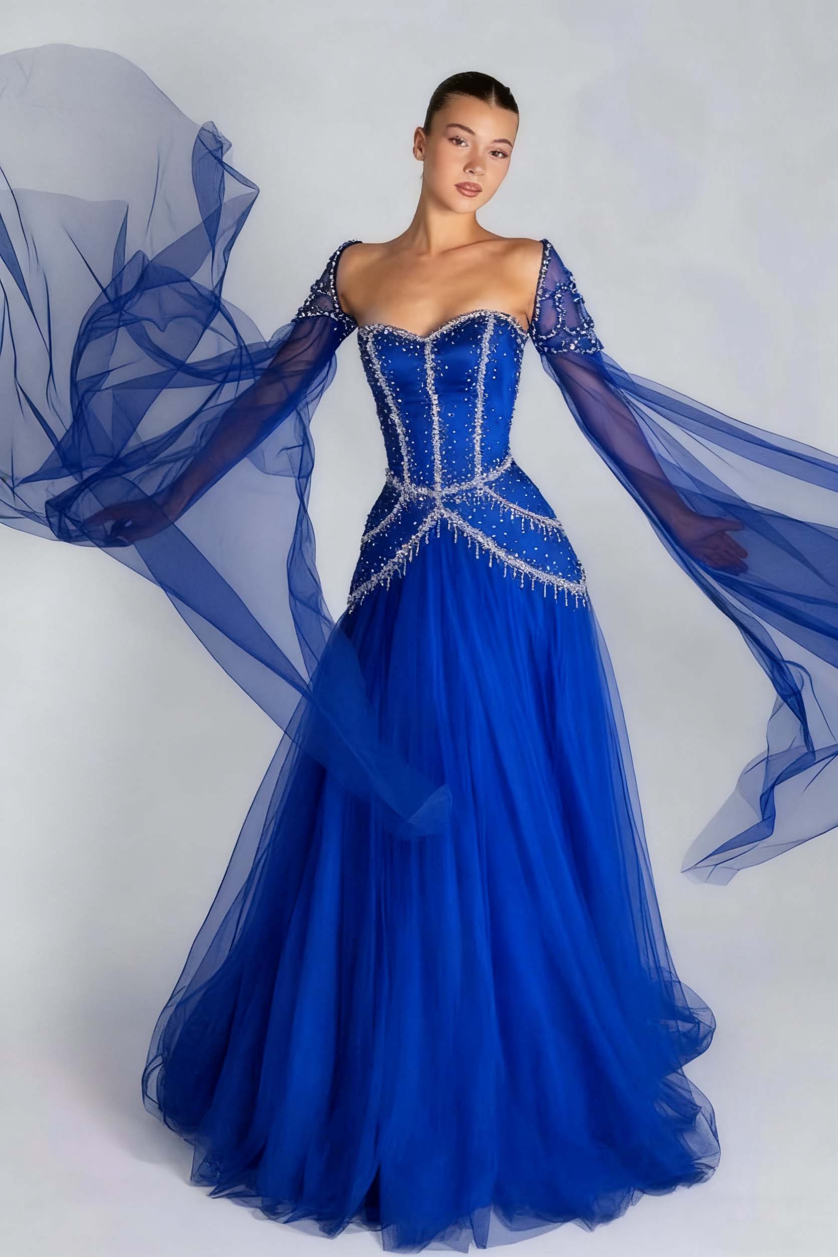 Green A Line Prom Dress Long Sleeve Sweetheart Beaded Evening Dress