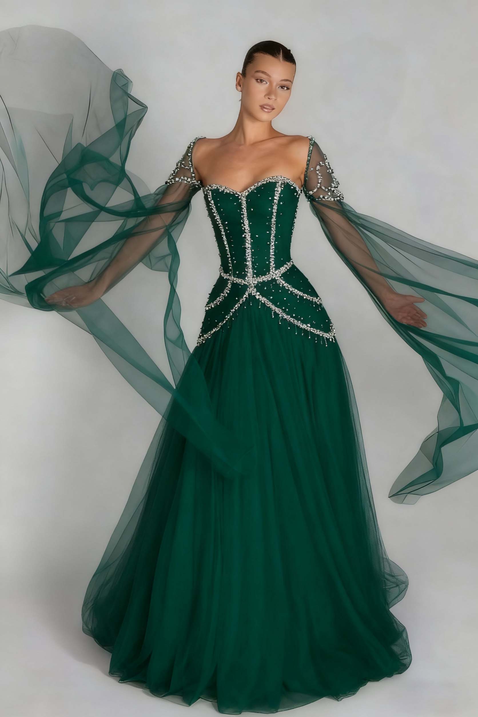 Green A Line Prom Dress Long Sleeve Sweetheart Beaded Evening Dress