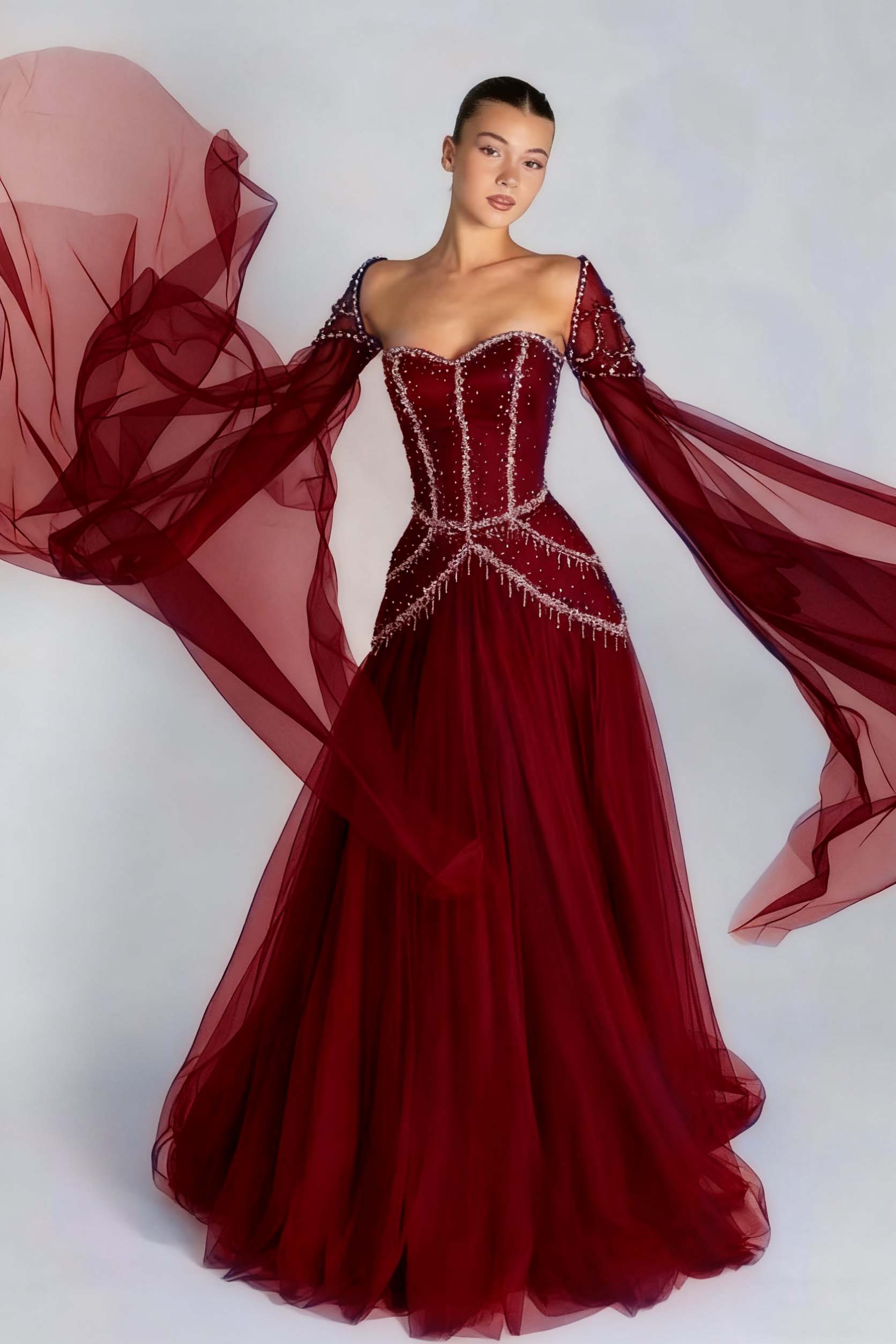Green A Line Prom Dress Long Sleeve Sweetheart Beaded Evening Dress