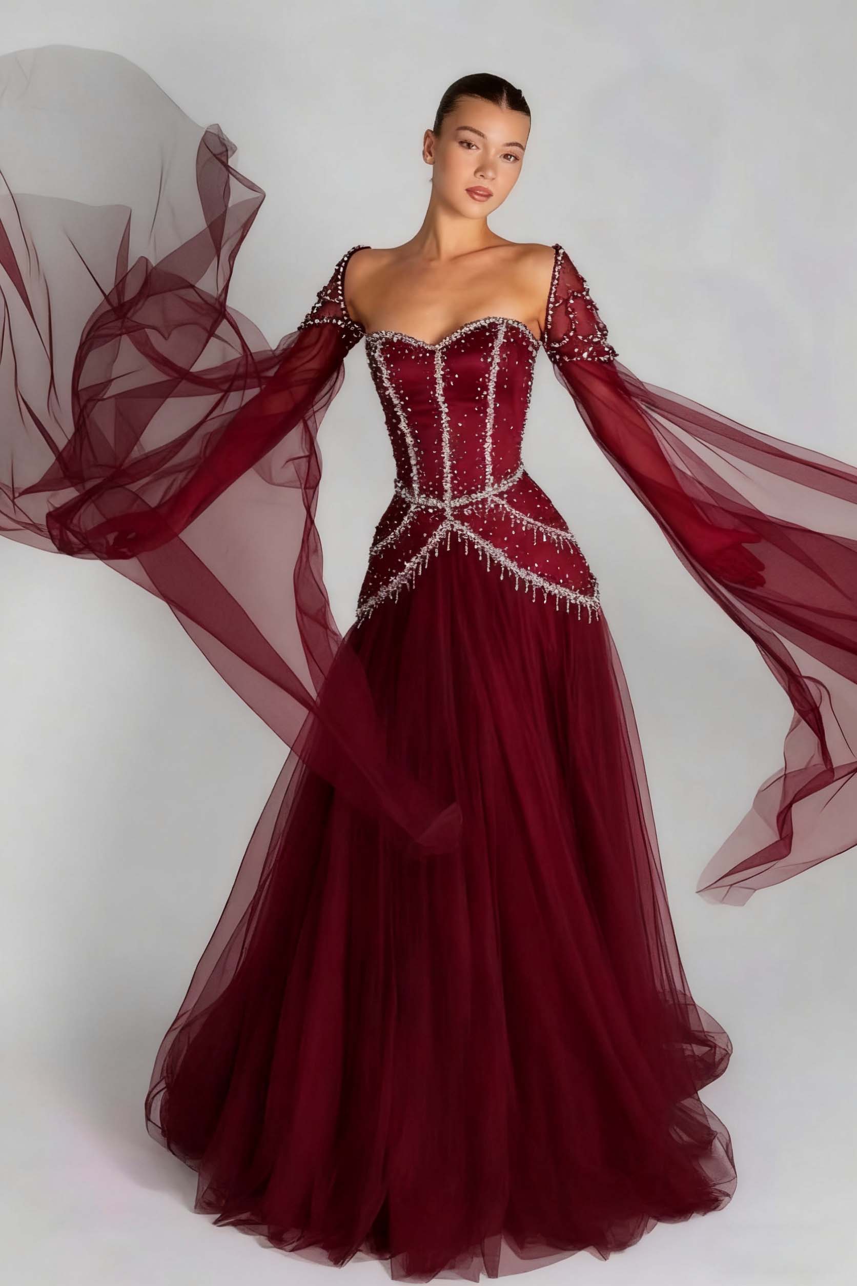 Green A Line Prom Dress Long Sleeve Sweetheart Beaded Evening Dress