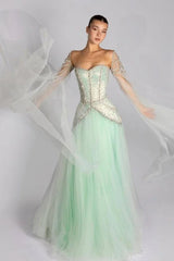 Green A Line Prom Dress Long Sleeve Sweetheart Beaded Evening Dress