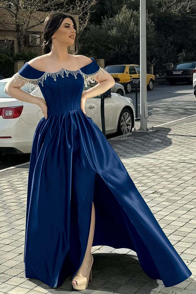 Green A Line Prom Dress Off the Shoulder Beaded Evening Dress
