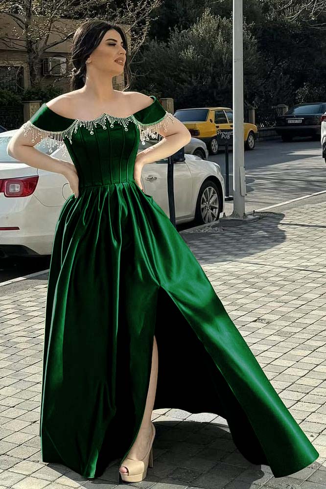 Green A Line Prom Dress Off the Shoulder Beaded Evening Dress