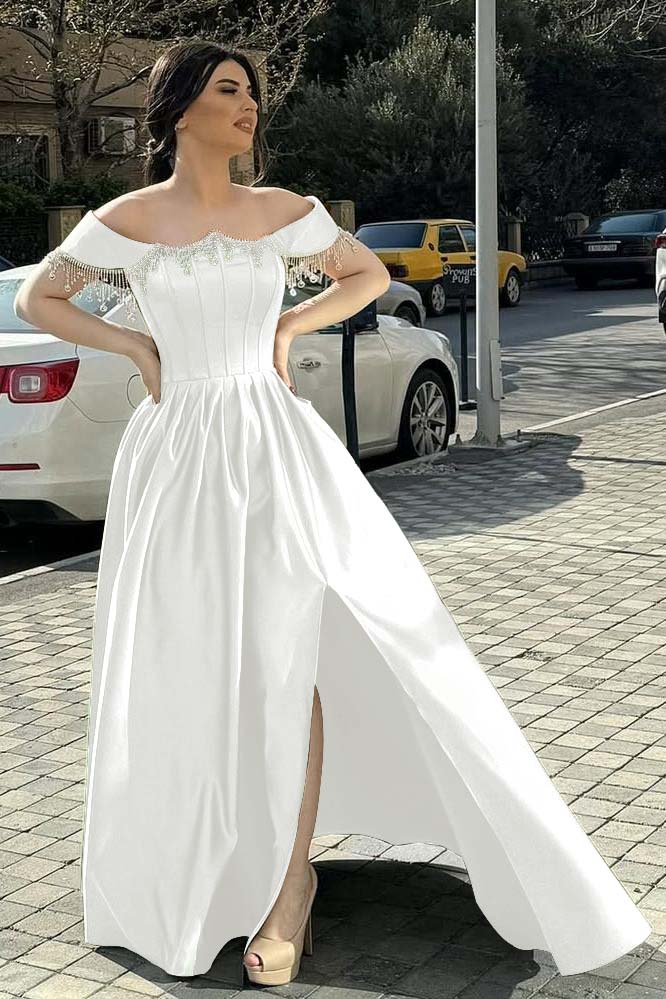 Green A Line Prom Dress Off the Shoulder Beaded Evening Dress