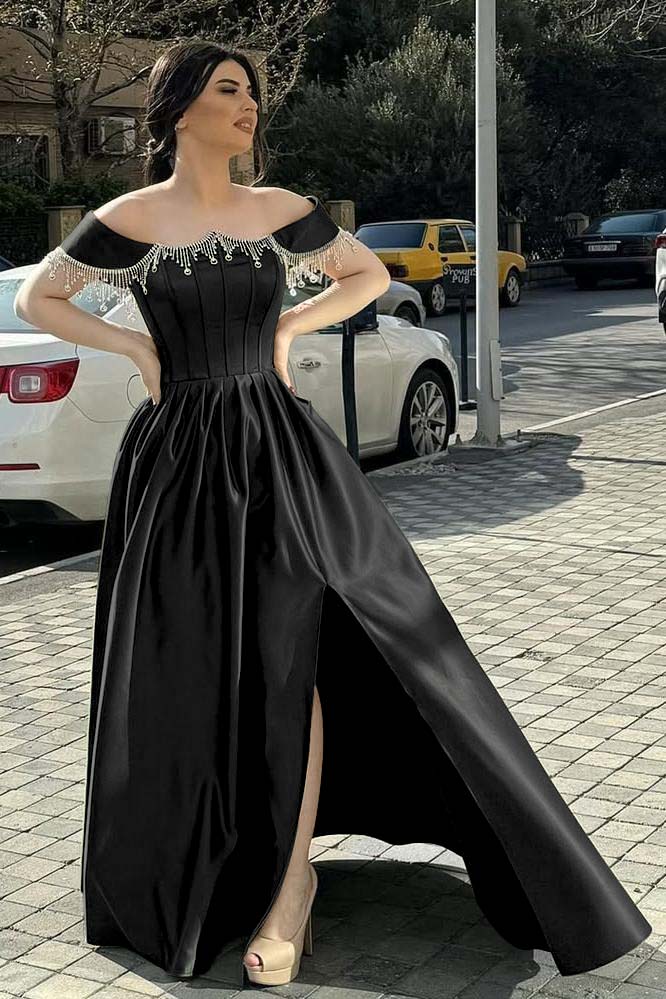 Green A Line Prom Dress Off the Shoulder Beaded Evening Dress