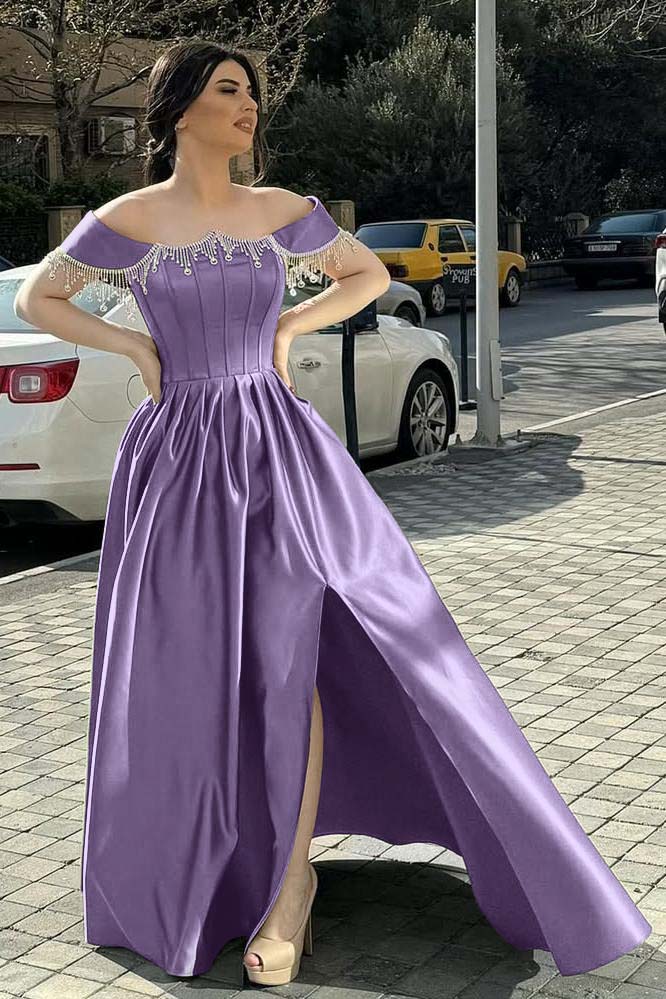 Green A Line Prom Dress Off the Shoulder Beaded Evening Dress