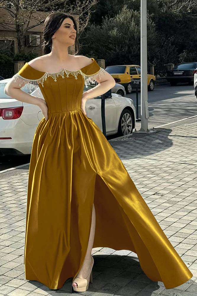 Green A Line Prom Dress Off the Shoulder Beaded Evening Dress