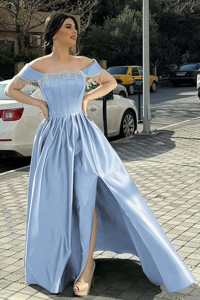 Green A Line Prom Dress Off the Shoulder Beaded Evening Dress
