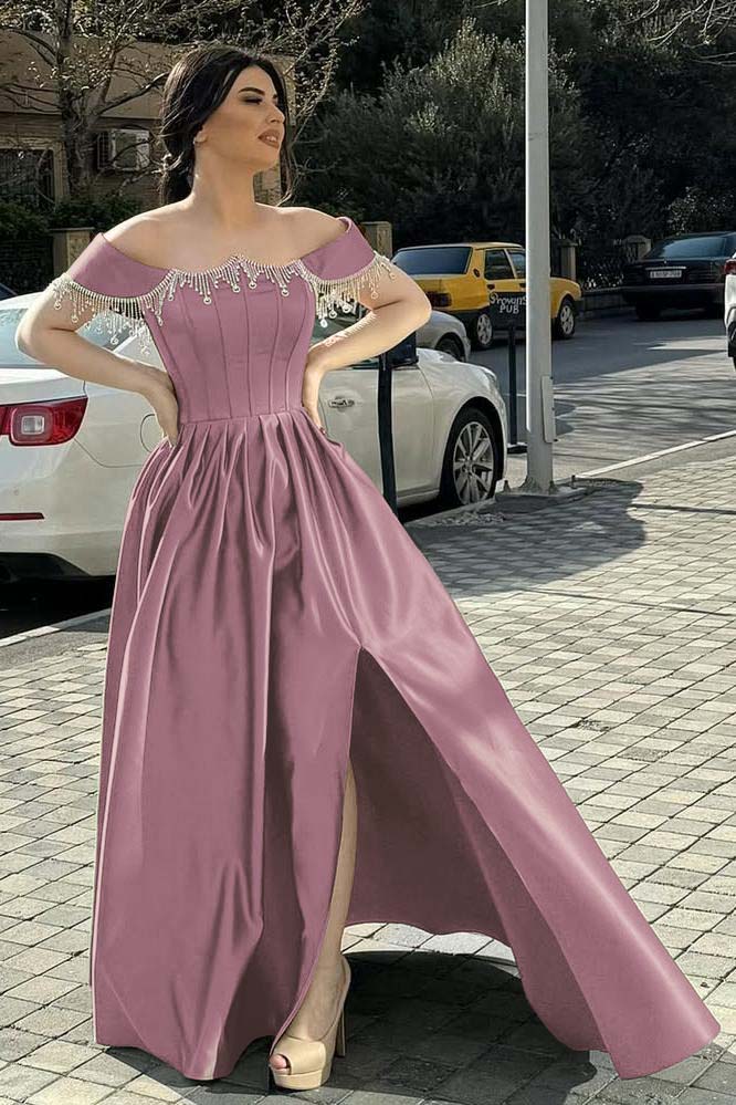 Green A Line Prom Dress Off the Shoulder Beaded Evening Dress