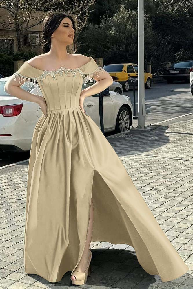 Green A Line Prom Dress Off the Shoulder Beaded Evening Dress