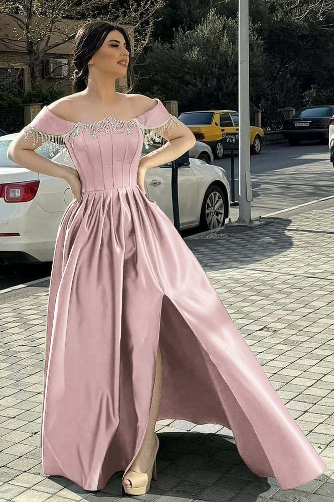 Green A Line Prom Dress Off the Shoulder Beaded Evening Dress