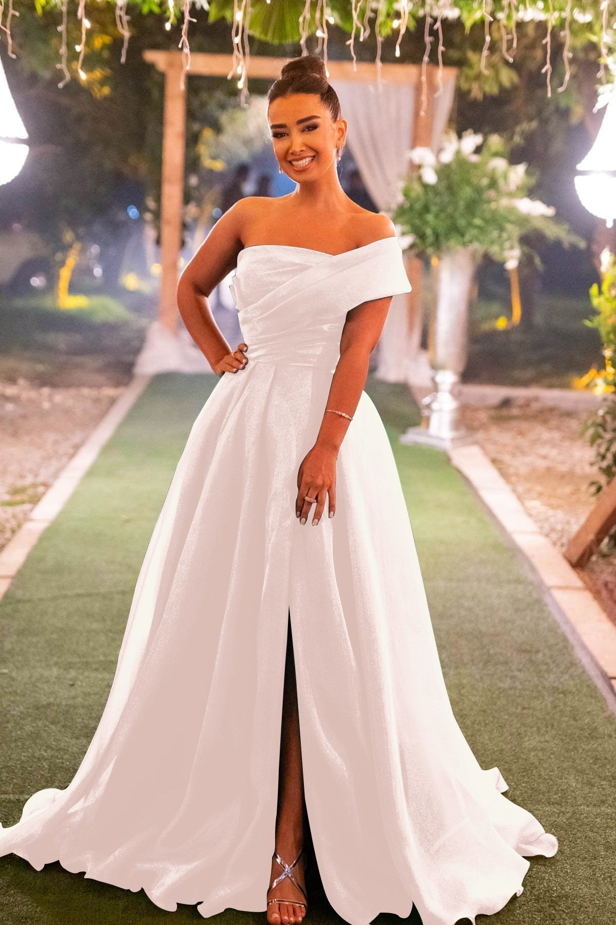Green A Line Prom Dress One Shoulder Organza Evening Dress