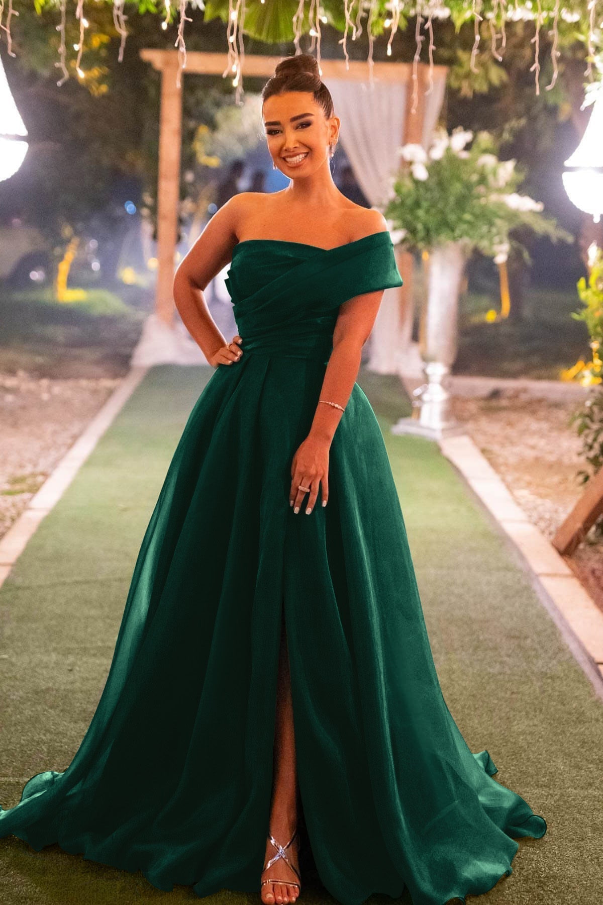 Green A Line Prom Dress One Shoulder Organza Evening Dress