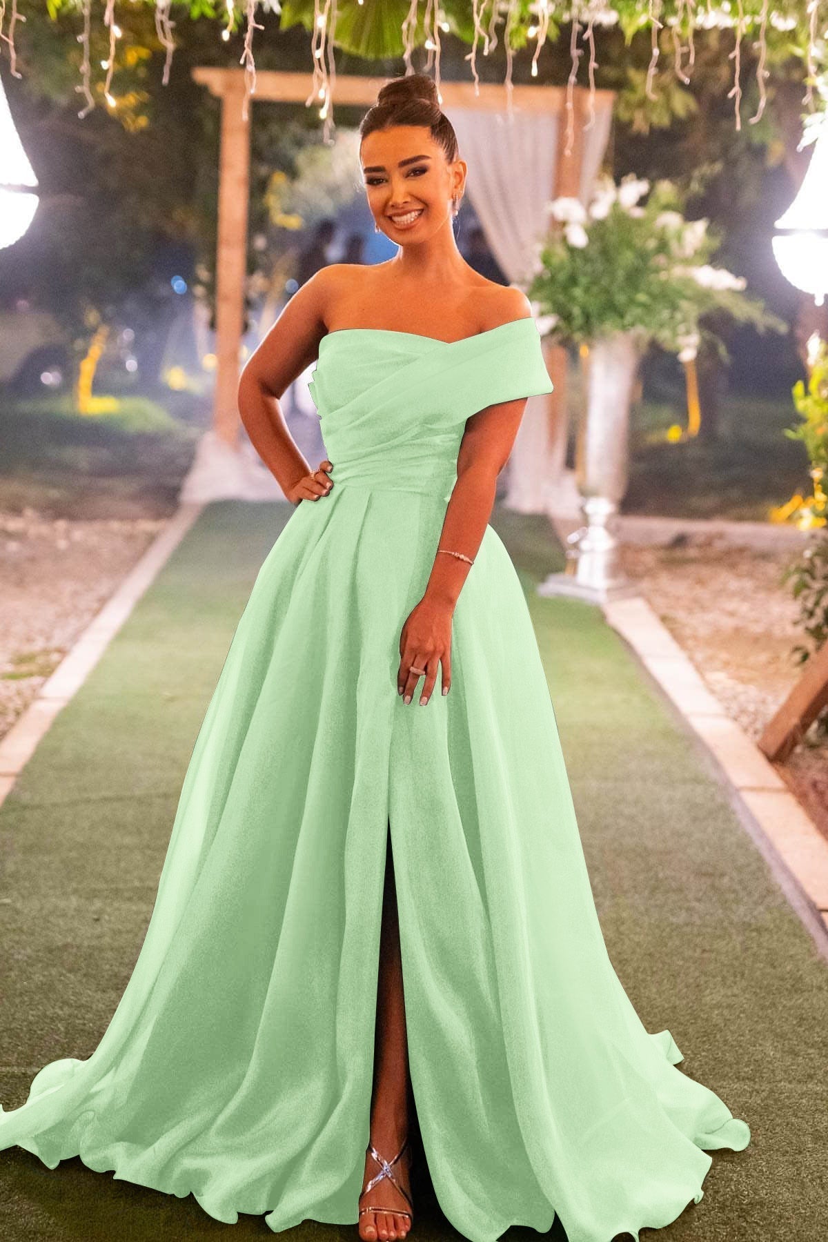 Green A Line Prom Dress One Shoulder Organza Evening Dress