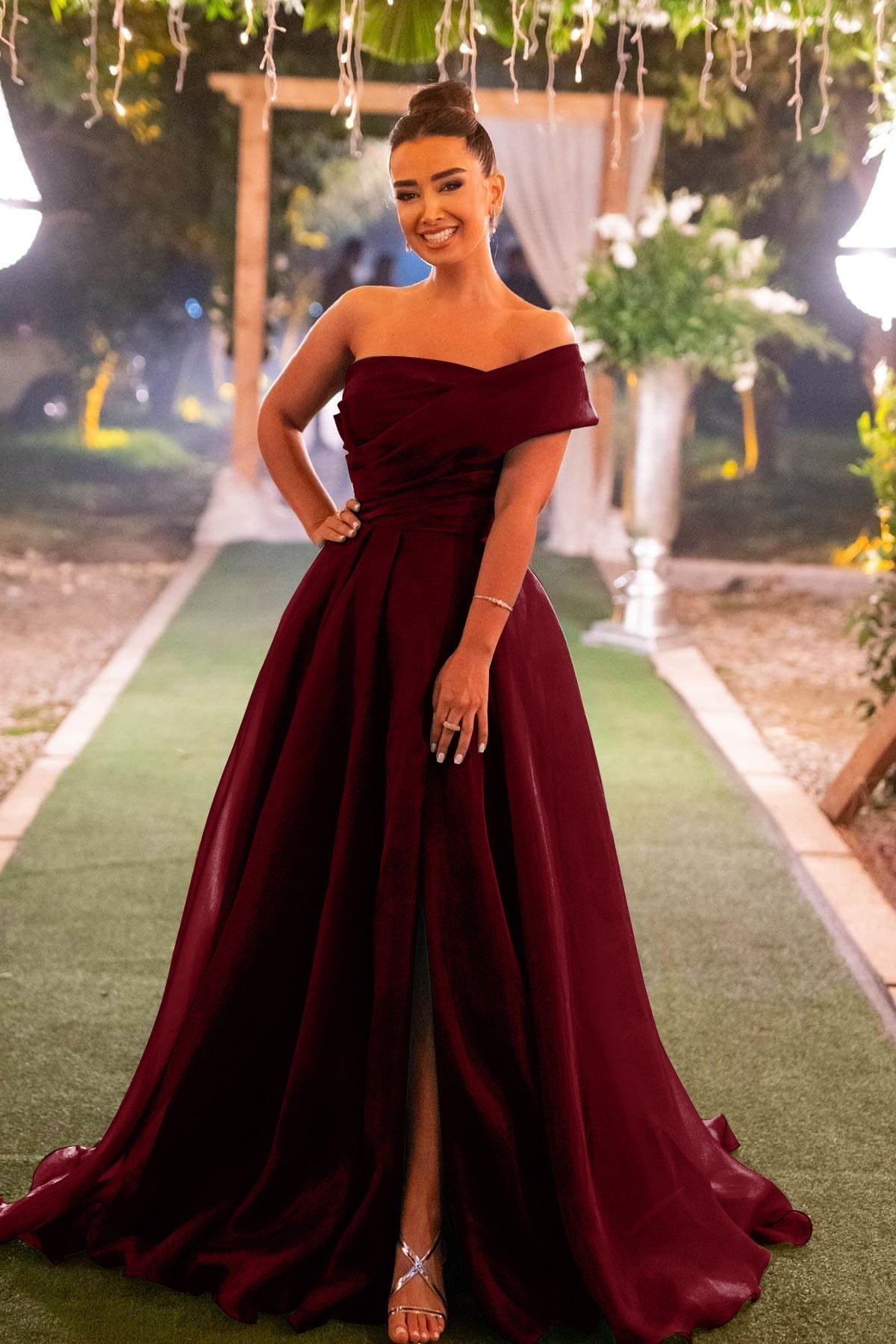 Green A Line Prom Dress One Shoulder Organza Evening Dress
