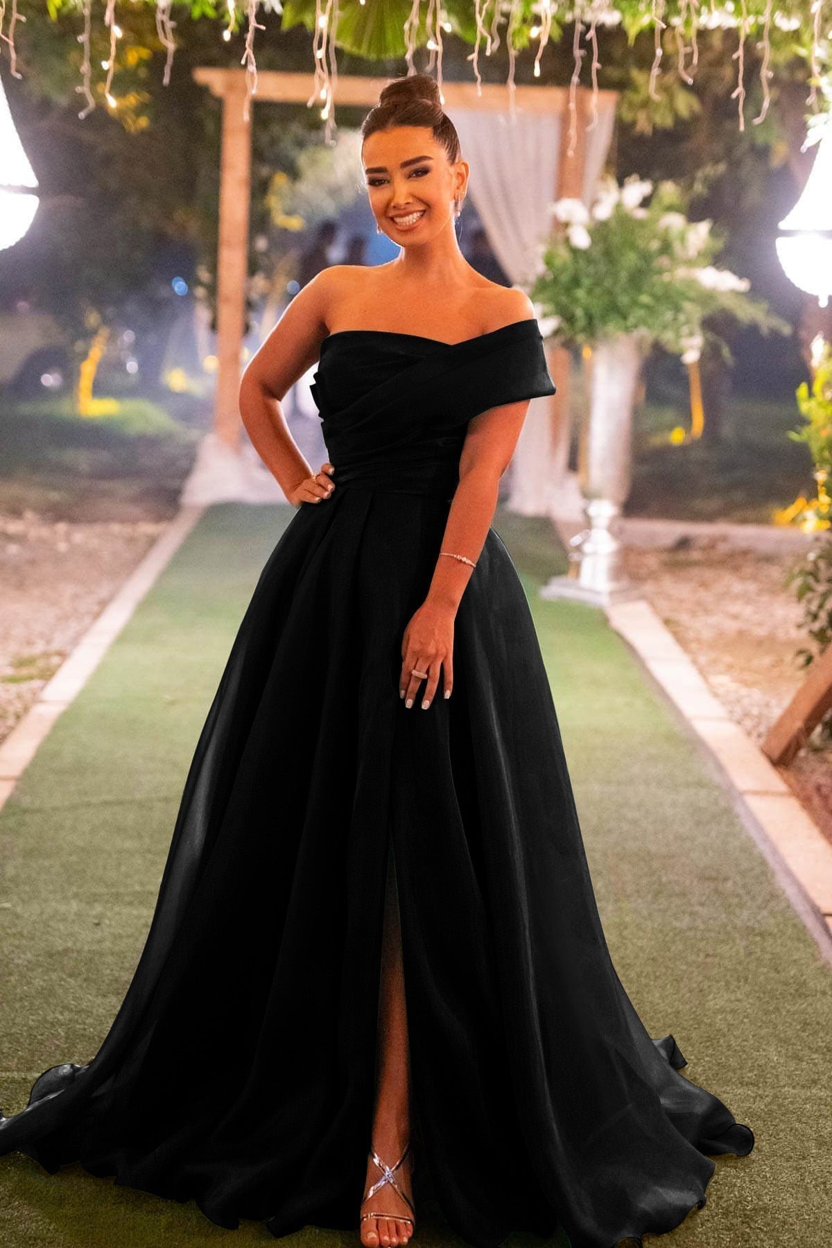Green A Line Prom Dress One Shoulder Organza Evening Dress