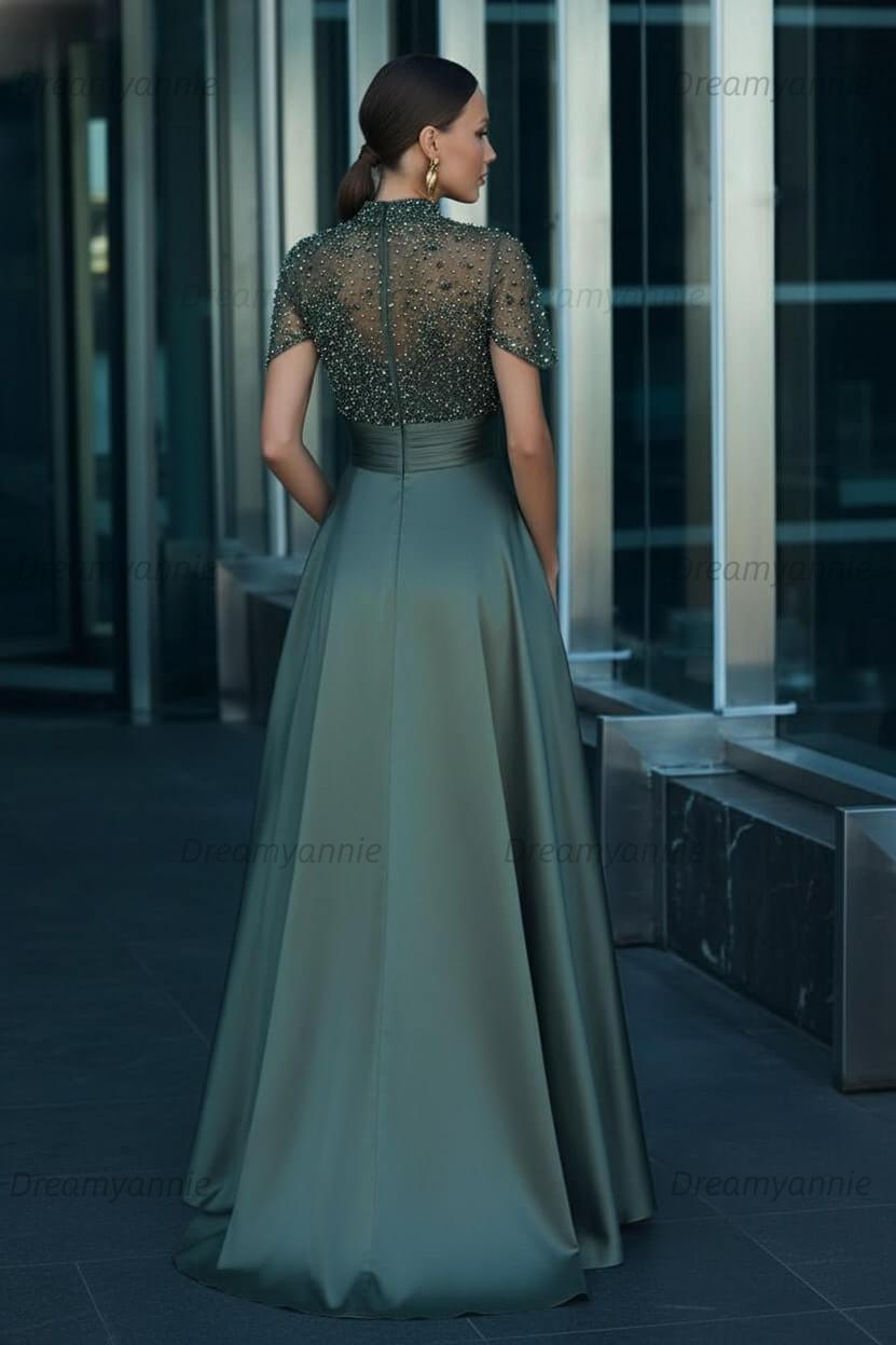 Green A Line Prom Dress Short Sleeve High Neck Beaded Evening Dress