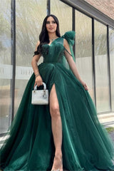 Green A Line Prom Dress Sleeveless One Shoulder Beaded Evening Dress