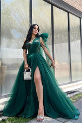 Green A Line Prom Dress Sleeveless One Shoulder Beaded Evening Dress