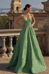 Green A Line Prom Dress Sleeveless Spaghetti Straps Beaded Evening Dress