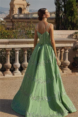 Green A Line Prom Dress Sleeveless Spaghetti Straps Beaded Evening Dress