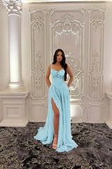 Green A Line Prom Dress Sleeveless Spaghetti Straps Evening Dress With Lace Appliques