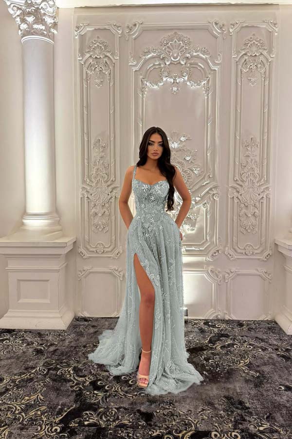 Green A Line Prom Dress Sleeveless Spaghetti Straps Evening Dress With Lace Appliques
